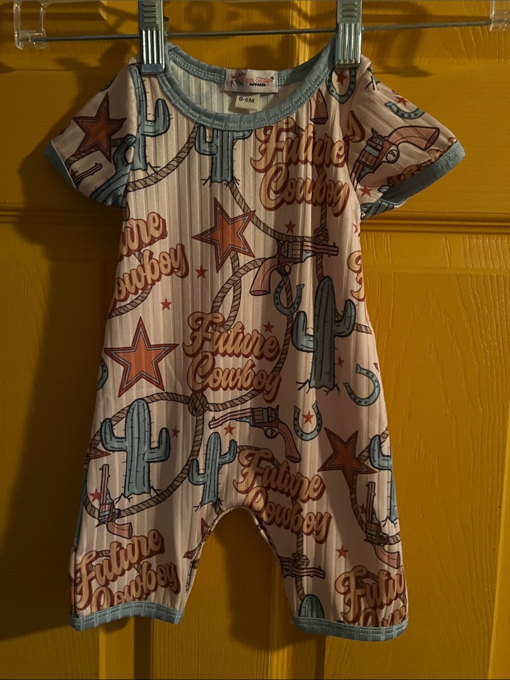 0-6 BABY BOY FUTURE COWBOY GRAPHIC ROMPER ONESIE CLOVER COTTAGE APPAREL
